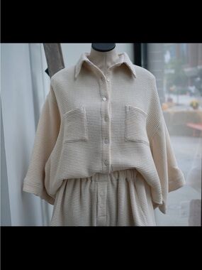 Myrah Peñaloza Cream Waffle-Knit Button Front Sweater Shirt Cropped